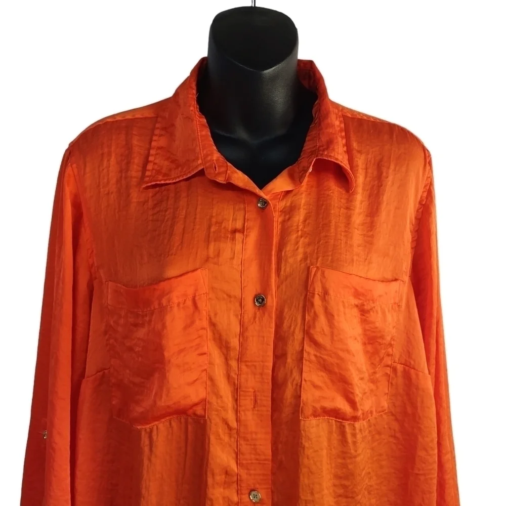 Michael Kors Women's Orange Roll-up Tan Sleeve Button Up Shirt Sz OX
